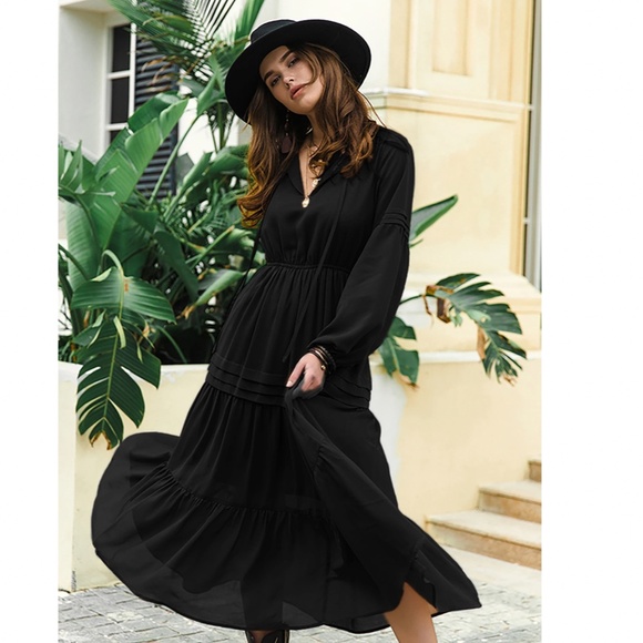 Black Bohemian Maxi Dress Chiffon Neck Ties Long Sleeve Ruffle Hem Flowy - Picture 3 of 10